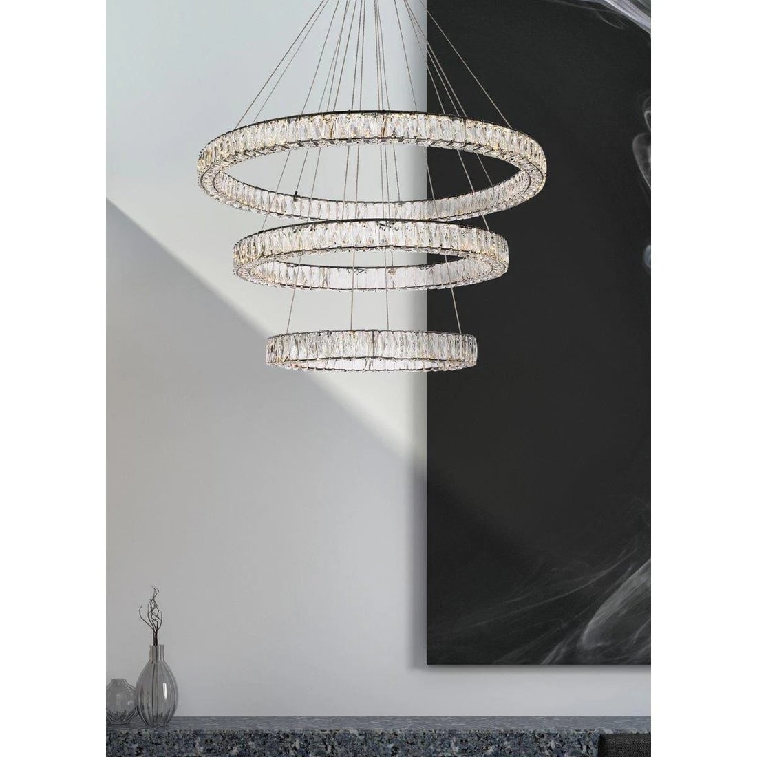 Monroe 41 Inch Black Crystal LED Chandelier for Entryway or Dining Room: Monroe 41 Inch Black Crystal LED Chandelier for Entryway or Dining Room This large modern chandelier features a sleek black stainless steel frame adorned with four tiers of rectangular and square roya
