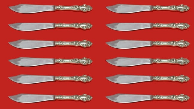 Wallace Violet Sterling Silver Fish Knife Set of 12 Custom 8 1/4": Wallace Violet Sterling Silver Fish Knife Set of 12 Custom 8 1/4" Experience a touch of elegance with this custom-made set of 12 fish knives from the renowned Wallace, featuring the exquisite Violet p