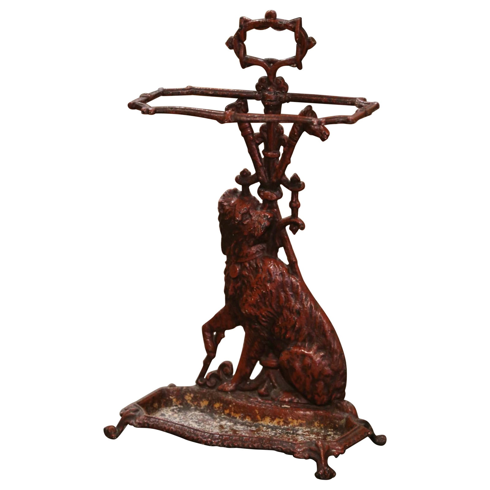 Antique 19th Century French Iron Umbrella Stand with Dog Design: Antique 19th Century French Iron Umbrella Stand with Dog Design This elegant 19th Century French Napoleon III Iron Umbrella Stand showcases a charming dog motif, making it a perfect decorative piece f