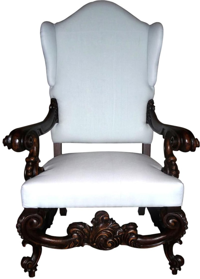 Baroque Rococo Chair Distressed Walnut Muslin Upholstery: Baroque Rococo Chair Distressed Walnut Muslin Upholstery Introducing the Exquisite Baroque Chair, a perfect blend of timeless elegance and vintage charm. Crafted in a Baroque Rococo style, this chair 