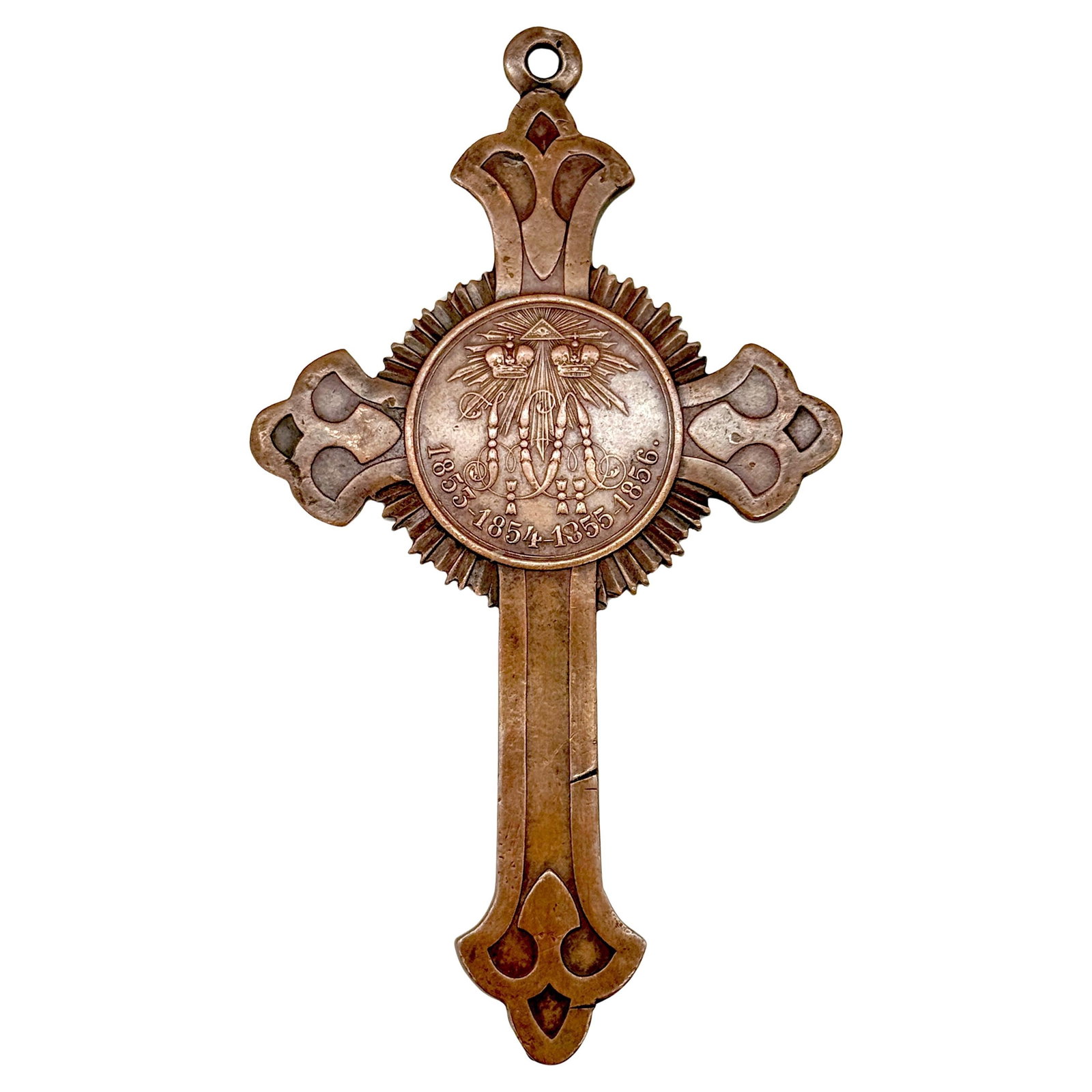 Rare Imperial Russian Bronze Commemorative Cross Crimean War 1853-1856: Rare Imperial Russian Bronze Commemorative Cross Crimean War 1853-1856 This Imperial Russian Bronze Commemorative Cross commemorates the Crimean War (1853-1856), a rare piece from the mid-19th century