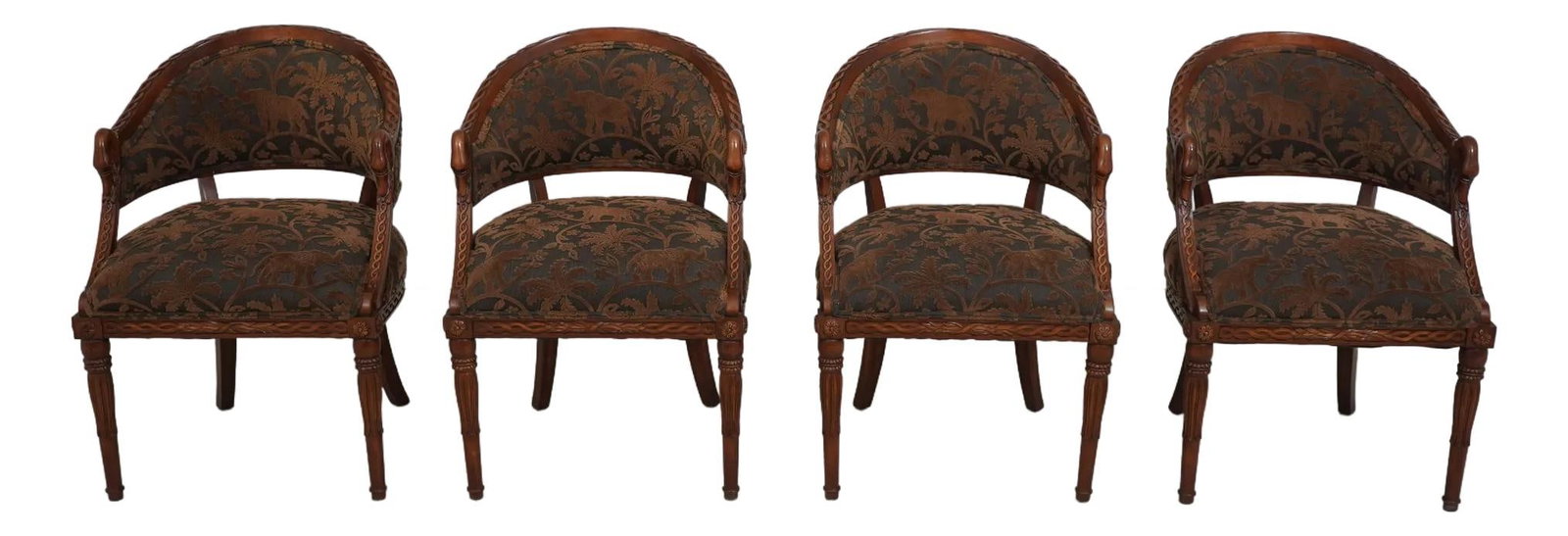 Set of 4 Regency Swan Arm Upholstered Chairs with Elephant Print: Set of 4 Regency Swan Arm Upholstered Chairs with Elephant Print Enhance your living space with this exquisite set of 4 Regency Style Swan Arm Upholstered Occasional Chairs. Crafted approximately 30 y