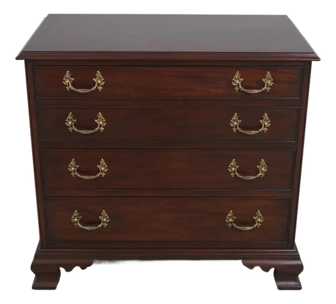 Mahogany Four Drawer Bachelor Chest Chippendale Style With Brass Hardware: Mahogany Four Drawer Bachelor Chest Chippendale Style With Brass Hardware This Henkel Harris bachelor chest features four drawers crafted from mahogany with dovetail construction, reflecting high-qual