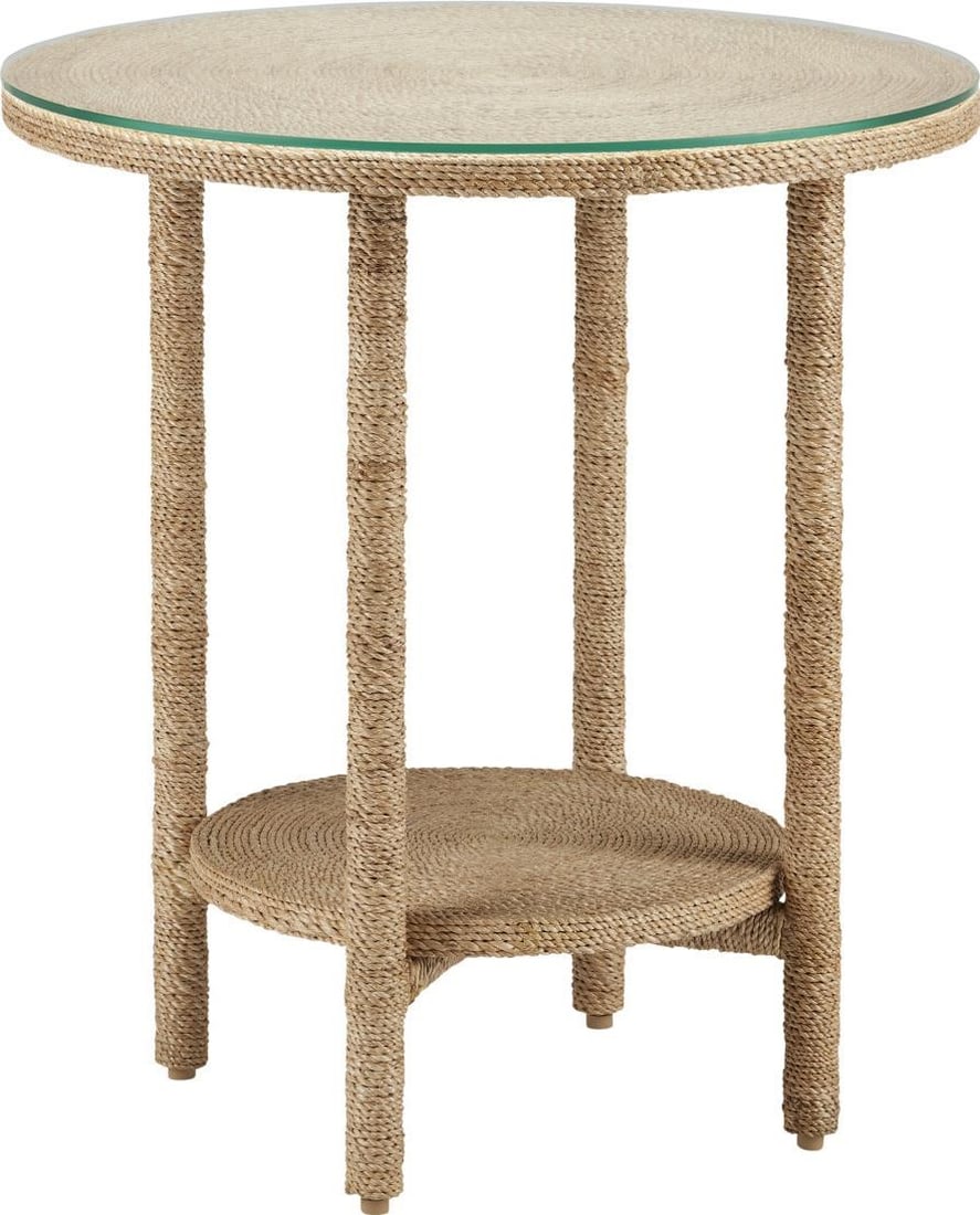 Currey Limay Rustic Rope Accent Table 24.25H Natural Finish: Currey Limay Rustic Rope Accent Table 24.25H Natural Finish Introducing the Traditional Limay Rope Accent Side Table, a charming addition to any rustic decor. Crafted from natural abaca rope, glass, w