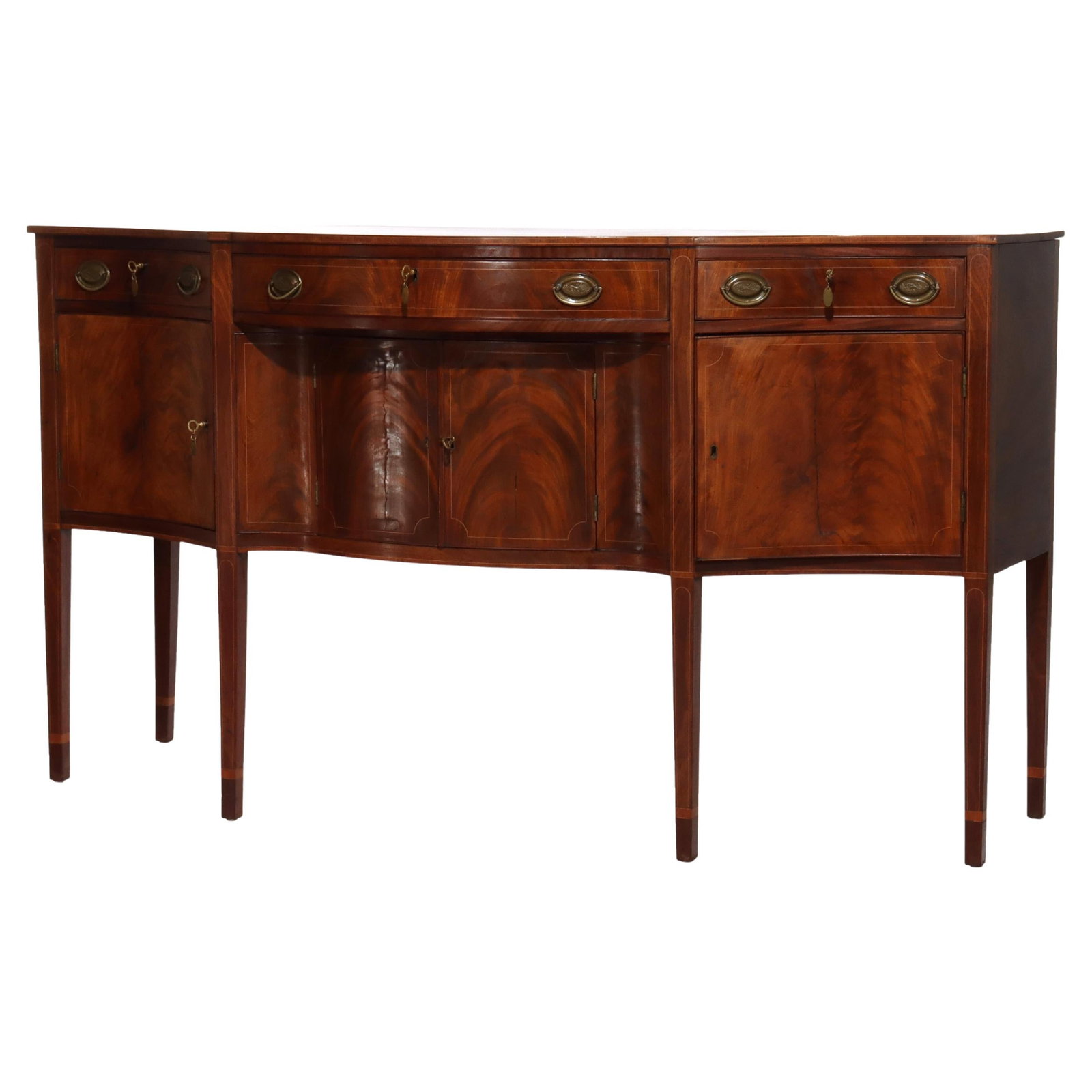 19th Century Hepplewhite Mahogany Sideboard with Satinwood Inlay: 19th Century Hepplewhite Mahogany Sideboard with Satinwood Inlay This exquisite Antique Hepplewhite Flame Mahogany Sideboard, dating back to the 19th century, showcases a beautiful combination of flam