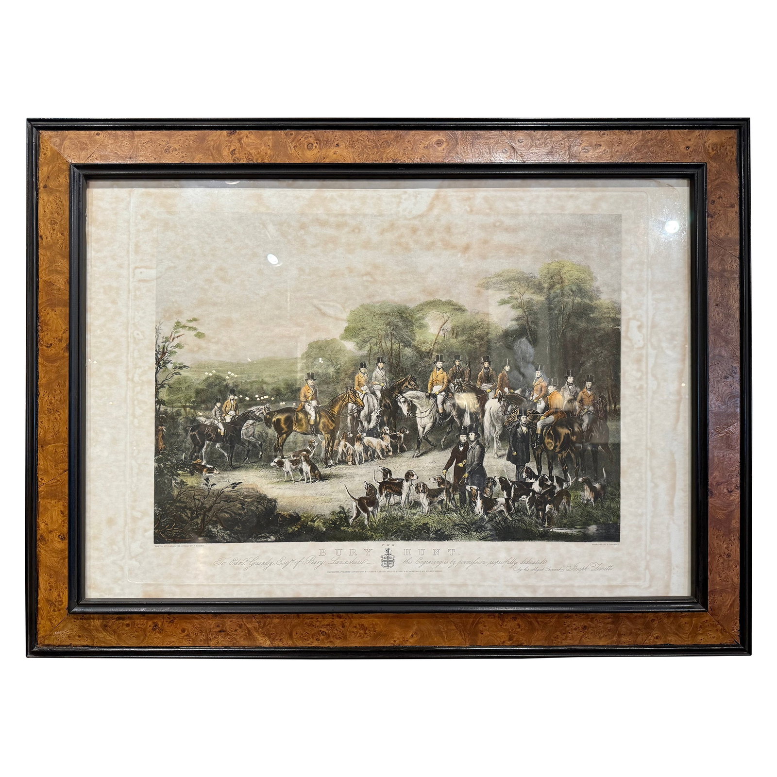 19th Century Framed Print The Bury Hunt Hand Colored Engraving England: 19th Century Framed Print The Bury Hunt Hand Colored Engraving England Enhance your decor with this exquisite 19th Century English framed hand-colored engraving titled "The Bury Hunt." Measuring 40 in