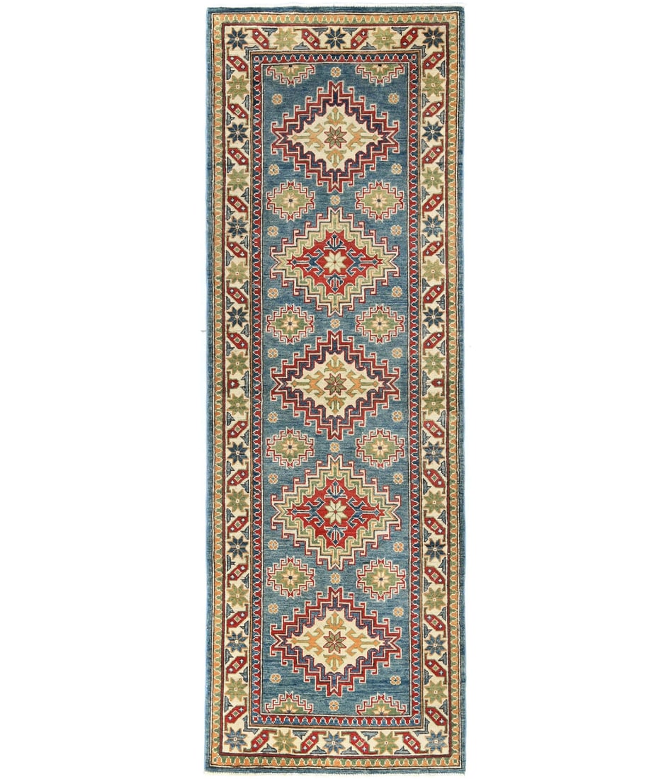 Blue Wool Tribal Geometric Kazak Hand-Knotted Runner Rug 2'8 x 8'2: Blue Wool Tribal Geometric Kazak Hand-Knotted Runner Rug 2'8 x 8'2 This hand-knotted Kazak Oriental runner rug features a striking geometric tribal pattern in blue, cream, red, brown, light green, and