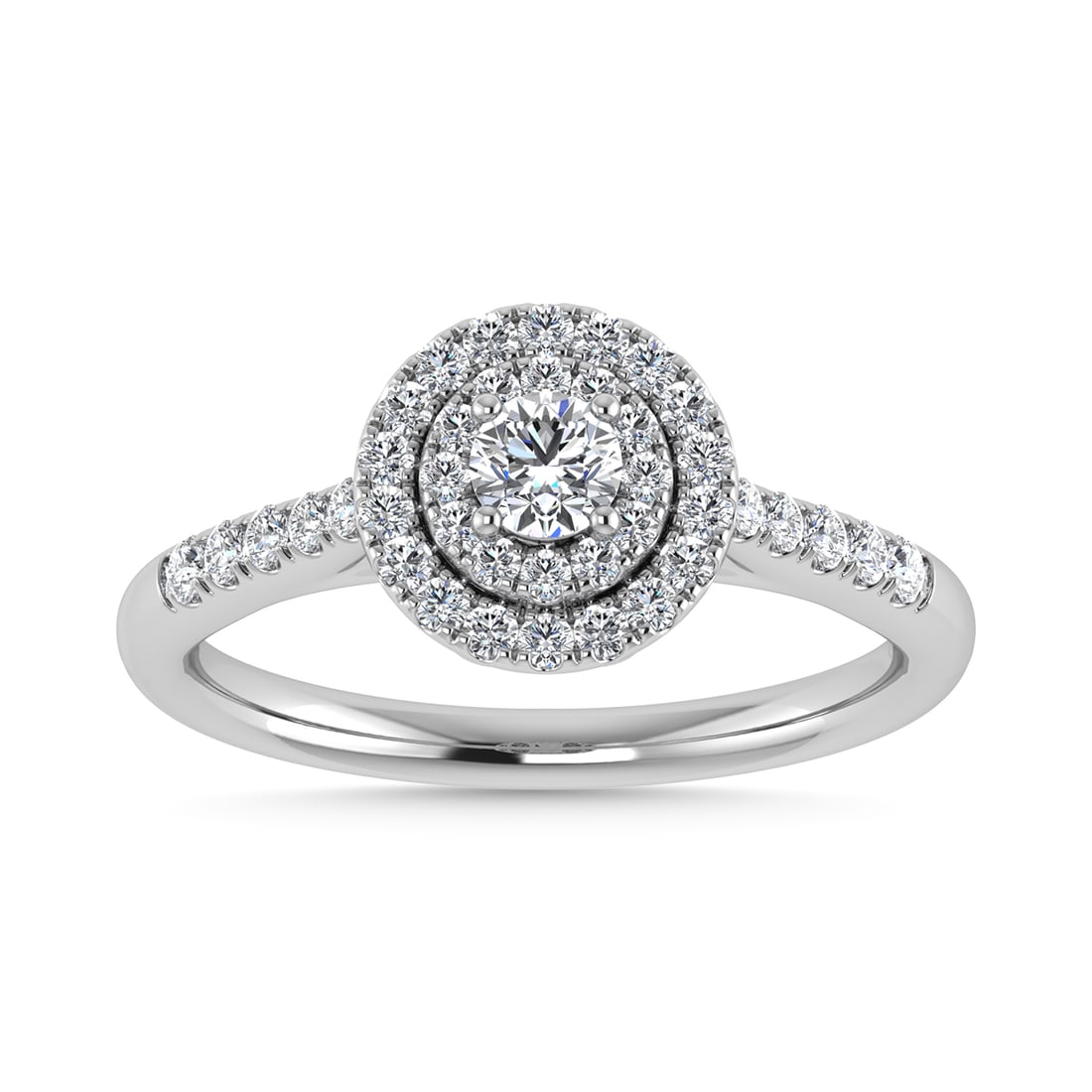 Diamond 1/2 Ct.Tw. Halo Engagement Ring in 10K White Gold: Diamond 1/2 Ct.Tw. Halo Engagement Ring in 10K White Gold 10k White Gold Stone Color: G-h Stone Clarity: I1 Each ring is presented in standard size 6.5. Complimentary resizing is available between siz