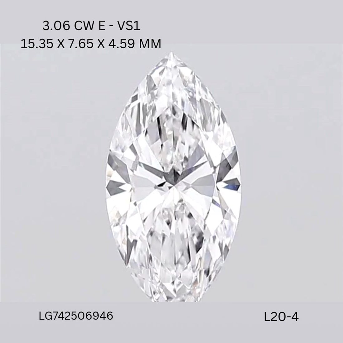 Loose Diamond - MARQUISE 3.06ct E VS1: Loose Diamond - MARQUISE 3.06ct E VS1 Source: This is a real non-mined Diamond that has been grown in a lab Shape: MARQUISE Carats: 3.06 Color: E Clarity: VS1 Certification: IGI Video: