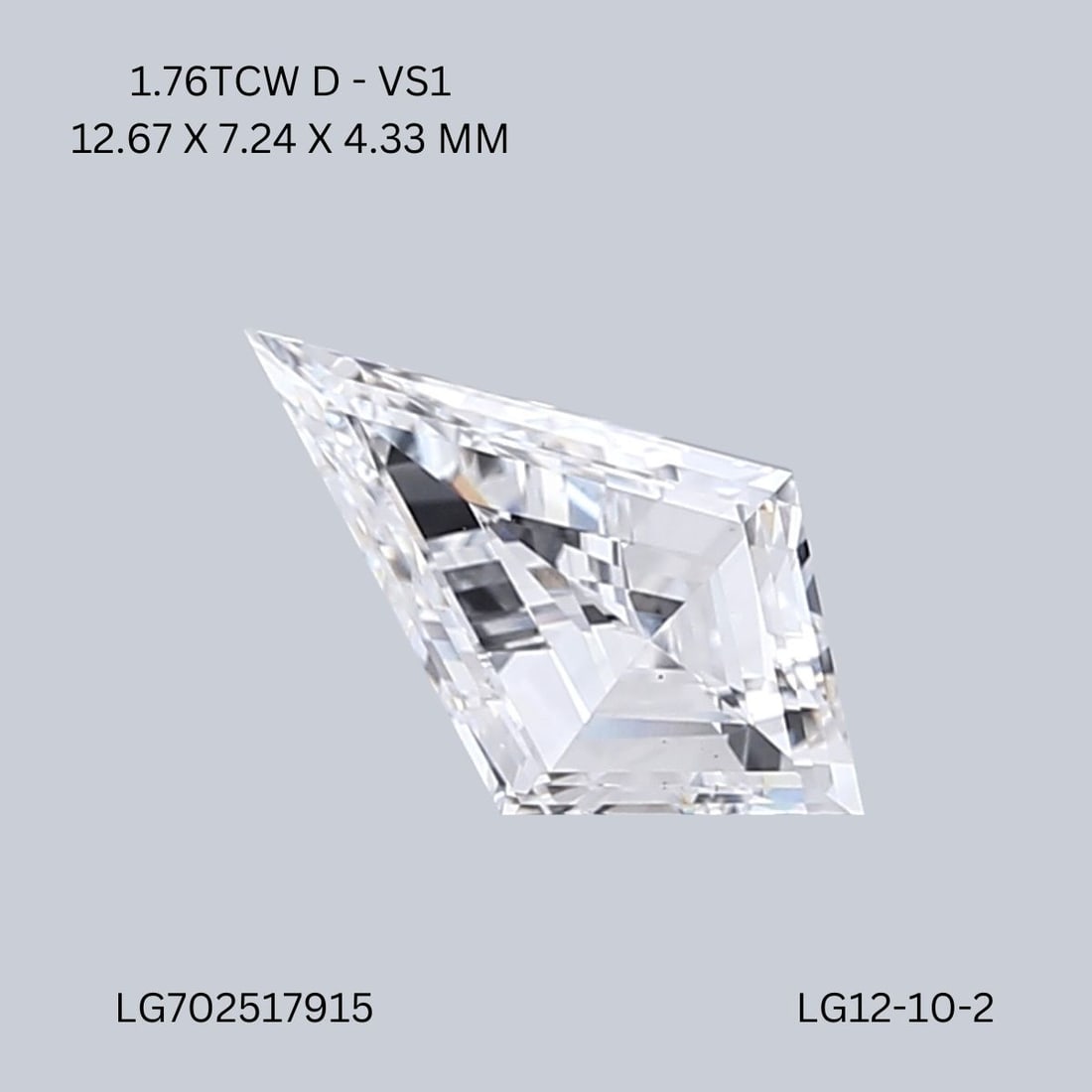 Loose Diamond - KITE 1.76ct D VS1: Loose Diamond - KITE 1.76ct D VS1 Source: This is a real non-mined Diamond that has been grown in a lab Shape: KITE Carats: 1.76 Color: D Clarity: VS1 Certification: IGI Video: