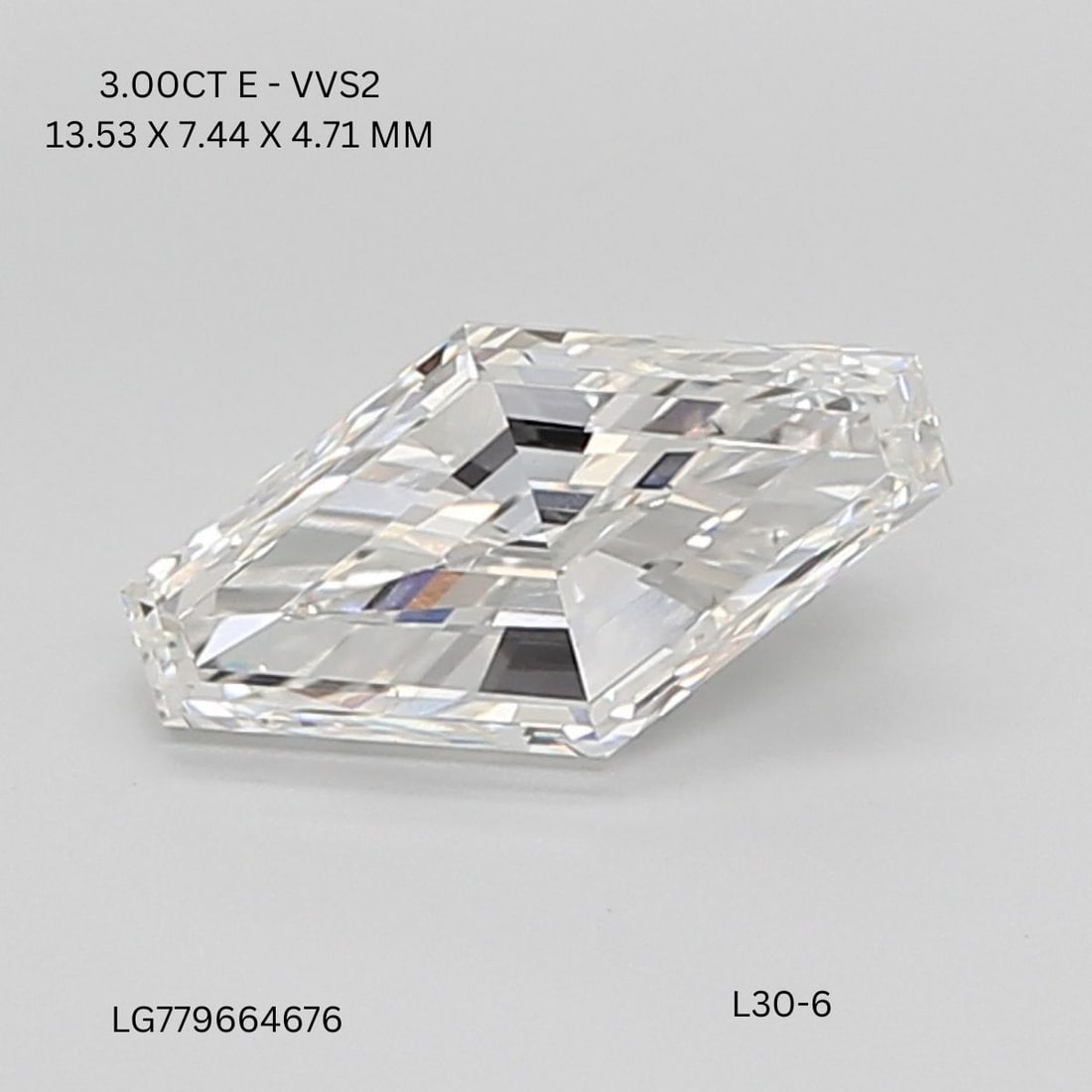Loose Diamond - LOZENGE 3.0ct E VVS2: Loose Diamond - LOZENGE 3.0ct E VVS2 Source: This is a real non-mined Diamond that has been grown in a lab Shape: LOZENGE Carats: 3.0 Color: E Clarity: VVS2 Certification: IGI Video: