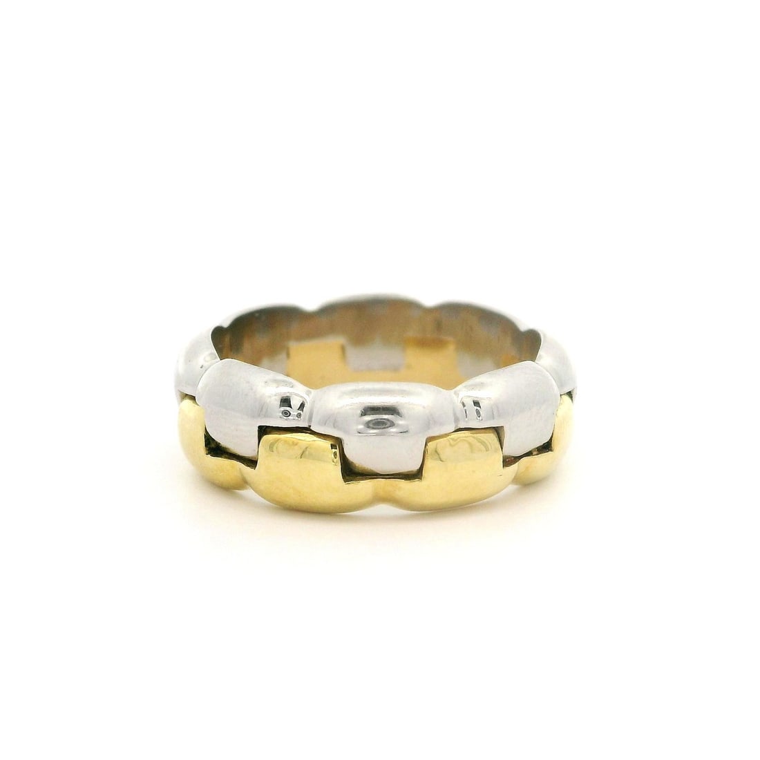 18k Yellow Gold Platinum Interlocking Eternity Band Ring 6.6mm Size 5.5: 18k Yellow Gold Platinum Interlocking Eternity Band Ring 6.6mm Size 5.5 This exquisite interlocking eternity band ring showcases a stunning combination of solid 18k yellow gold and .900+ platinum. Wit