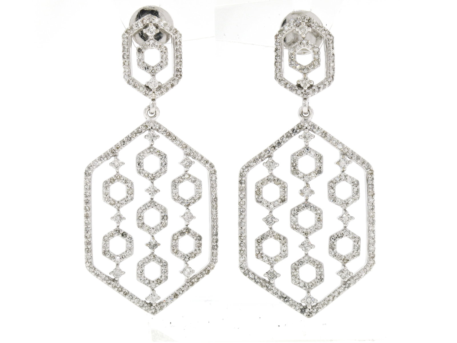 14K White Gold 2.18ct Diamond Geometric Drop Dangle Earrings: 14K White Gold 2.18ct Diamond Geometric Drop Dangle Earrings Elevate your jewelry collection with these stunning 14K white gold drop earrings, featuring a unique long open beehive hexagon design. Each