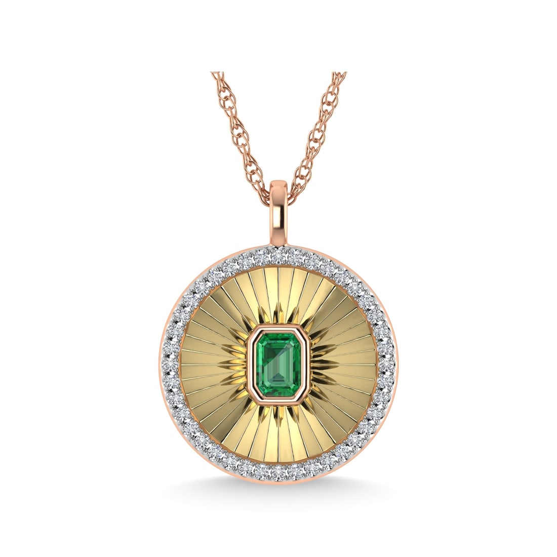 14K Rose Gold Diamond 3/8 Ct.Tw Circle Pendant: 14K Rose Gold Diamond 3/8 Ct.Tw Circle Pendant This circle pendant has a textured finish and is crafted with 14k rose gold. There are a total of 41 round cut diamonds, 3/8 ct tw. The chain is adjustab