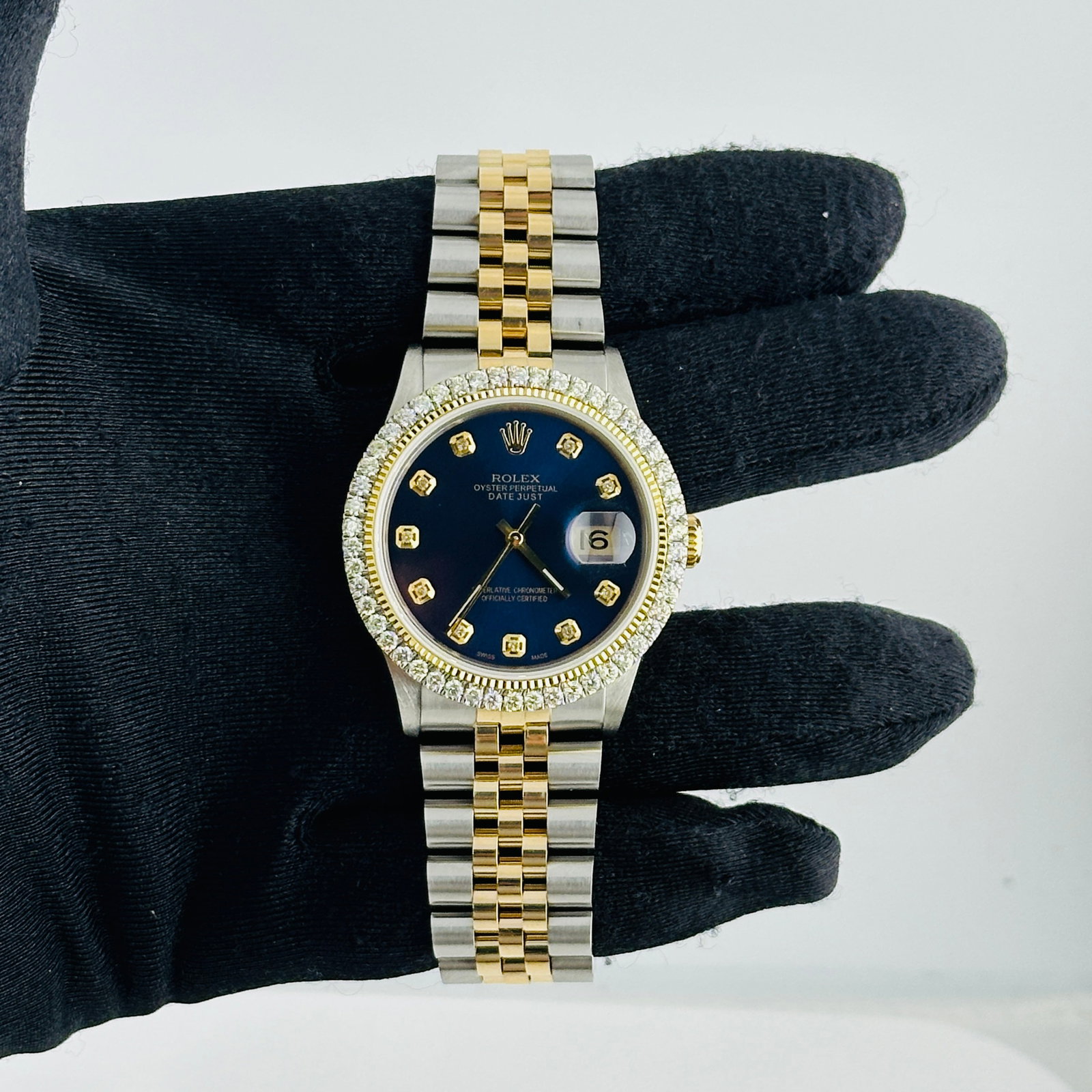 Aftermarket Blue Diamond Dial Jubilee Bracelet for Rolex Datejust 16013: Aftermarket Blue Diamond Dial Jubilee Bracelet for Rolex Datejust 16013 This Rolex Datejust features an aftermarket blue diamond dial and is paired with an aftermarket Jubilee bracelet. The reference 