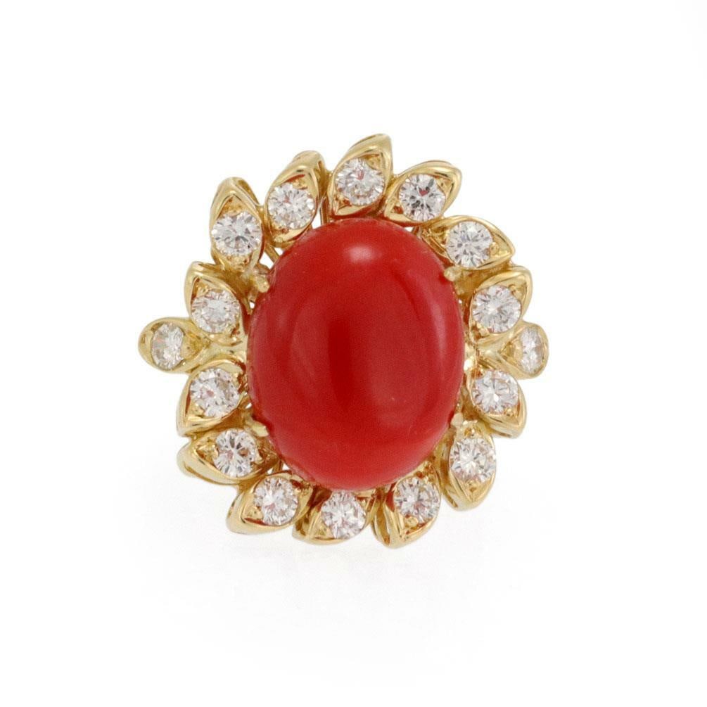Estate 2ct Diamond Red Coral 18k Gold Floral Halo Ring Size 5.5: Estate 2ct Diamond Red Coral 18k Gold Floral Halo Ring Size 5.5 This stunning Estate halo ring showcases a beautiful blend of luxury and nature, crafted from 18k yellow gold. At its heart lies a large