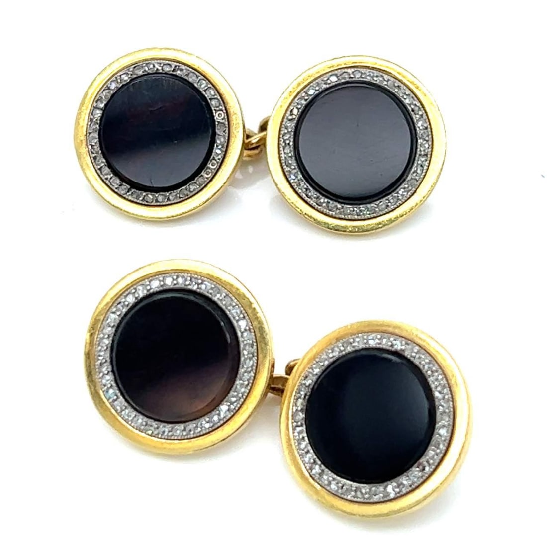 Elegant Antique French 18K Yellow Gold Onyx Diamond Cufflinks: Elegant Antique French 18K Yellow Gold Onyx Diamond Cufflinks These exquisite antique French cufflinks are crafted from luxurious 18K yellow gold, featuring striking onyx and diamond accents. Weighing