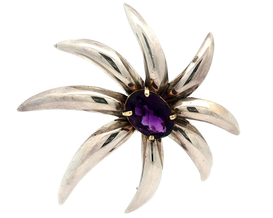 Tiffany & Co. 18k Gold Amethyst Fireworks Brooch Pin: Tiffany & Co. 18k Gold Amethyst Fireworks Brooch Pin This exquisite brooch from Tiffany & Co. features a stunning natural amethyst in an oval cut, showcasing a deep purple hue. The main stone is prong