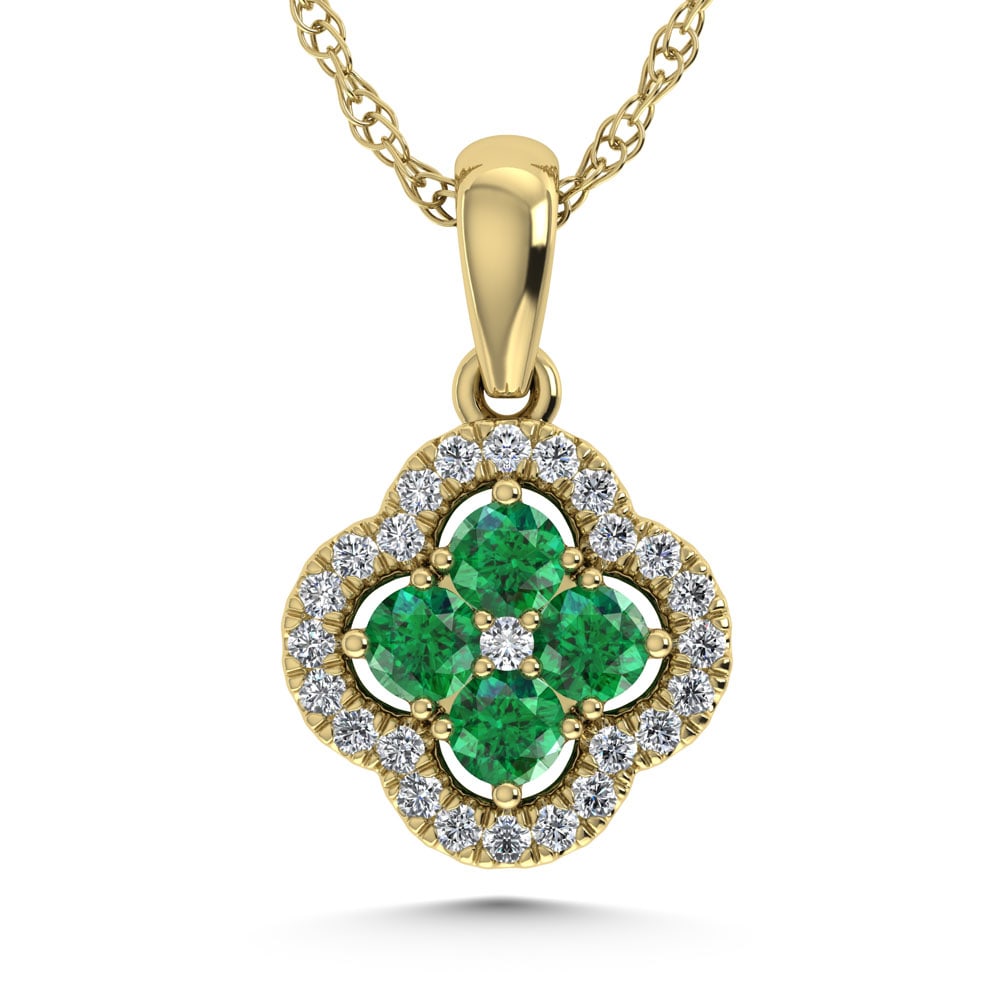 14K Yellow Gold 1/2 Ct.Tw. Diamond and Emerald Fashion Pendant: 14K Yellow Gold 1/2 Ct.Tw. Diamond and Emerald Fashion Pendant 14k Yellow Gold Stone Color: G-h Stone Clarity: Aaa / Si2 Unless otherwise specified, pendants that include a chain are paired with our s