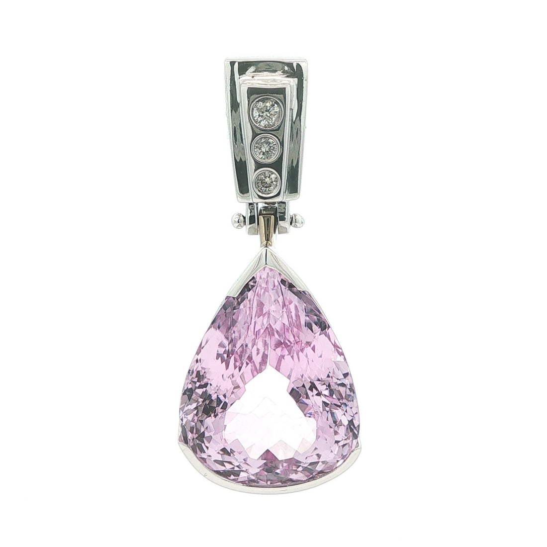 14k White Gold Pendant With Pear Shaped Pink Kunzite and Diamond Enhancer: 14k White Gold Pendant With Pear Shaped Pink Kunzite and Diamond Enhancer This pendant features a large, natural pear-cut pink kunzite weighing approximately 30ct, channel set in solid 14k white gold.