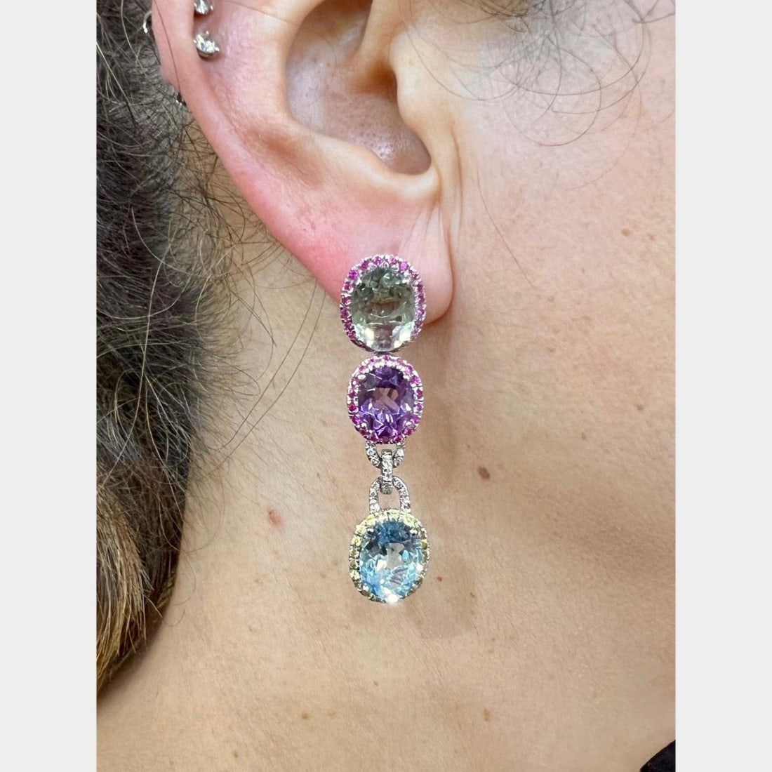 Diamond and Semi Precious Gemstone Earrings in 18K White Gold 2 Inch: Diamond and Semi Precious Gemstone Earrings in 18K White Gold 2 Inch Elegant earrings crafted in 18K white gold, featuring approximately 34.00 carats of semi-precious stones and 34 diamonds totaling a