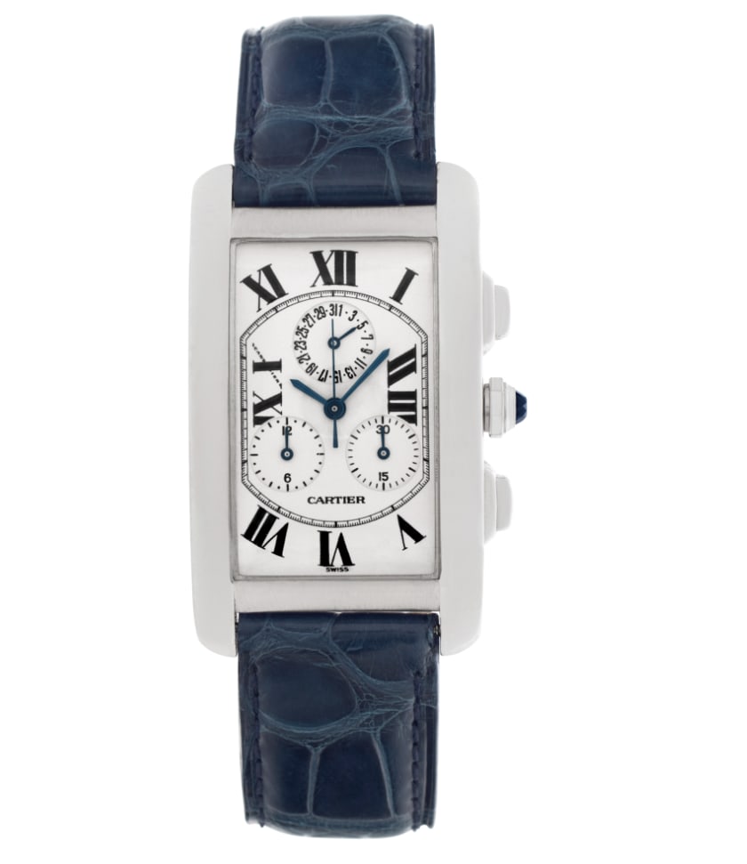 Tank Americaine Chronograph Ref 2312 White Roman Dial Blue Leather Strap: Tank Americaine Chronograph Ref 2312 White Roman Dial Blue Leather Strap The Cartier Tank Americaine Chronograph features a white Roman numeral dial, complemented by a white gold bezel and a midnight 