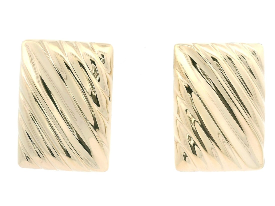 14k Yellow Gold Large Rectangular Omega Button Earrings: 14k Yellow Gold Large Rectangular Omega Button Earrings These stunning solid 14k yellow gold earrings feature a large rectangular grooved button design, delivering a sophisticated look suitable for an
