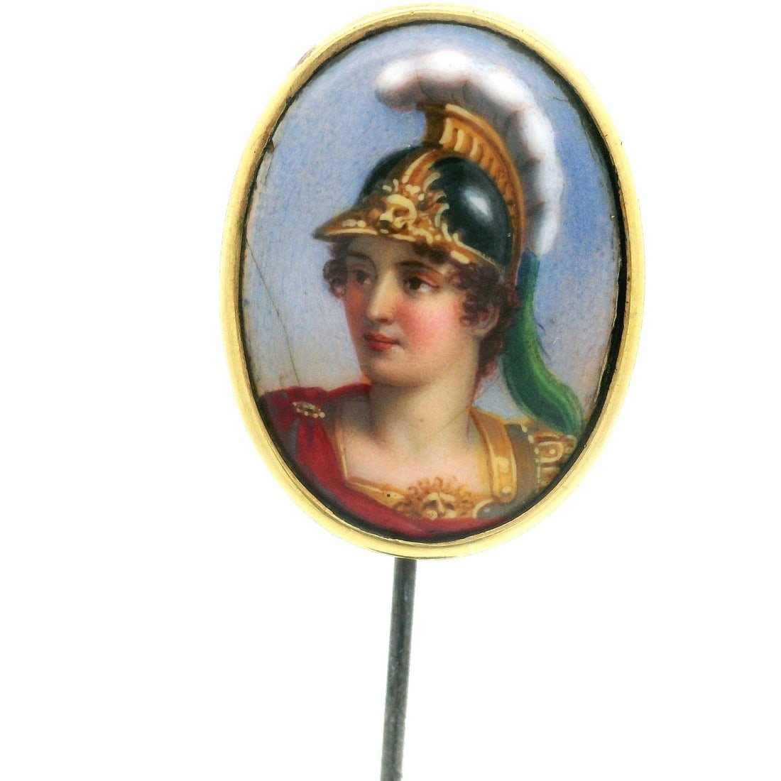 Antique 14k Yellow Gold Handpainted Roman Soldier Portrait Stick Pin: Antique 14k Yellow Gold Handpainted Roman Soldier Portrait Stick Pin This exquisite antique collectible stick pin features a handpainted portrait of a Roman soldier, beautifully framed in 14k yellow g
