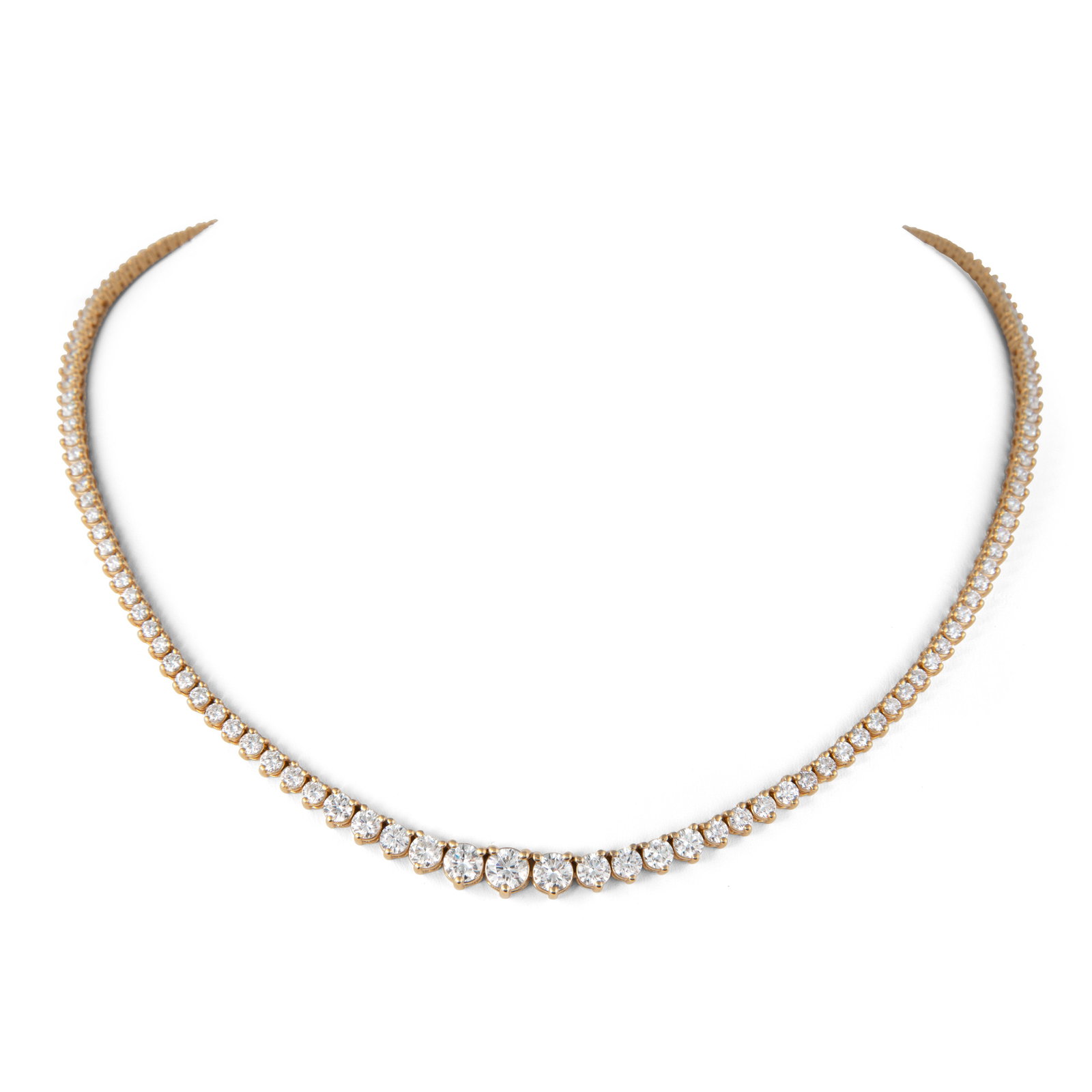 10.09ct GIA Diamond Tennis Necklace in 18k Gold: 10.09ct GIA Diamond Tennis Necklace in 18k Gold This stunning 10.09ct Diamond Tennis Riviera Necklace features a beautiful arrangement of round brilliant diamonds set in luxurious 18k yellow gold. The