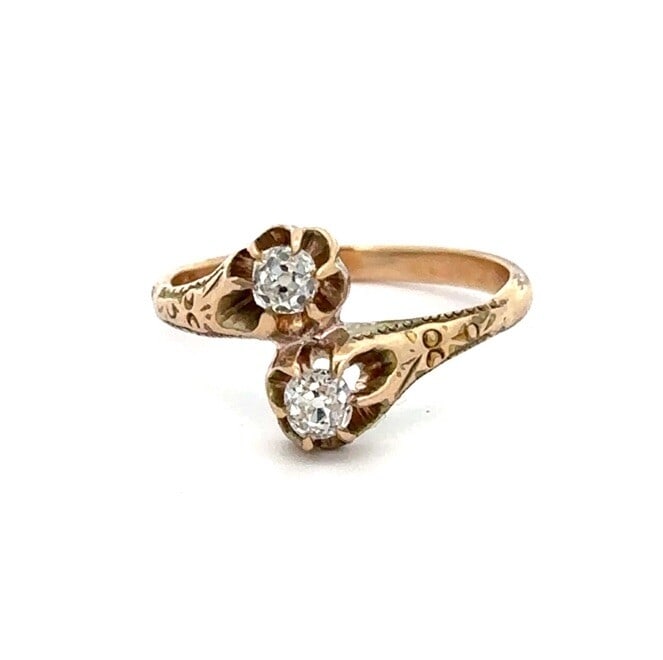Victorian 10K Gold Dual Diamond Buttercup Bypass Ring Size 5.5: Victorian 10K Gold Dual Diamond Buttercup Bypass Ring Size 5.5 This exquisite Antique Victorian ring features a stunning bypass design crafted from 10K rosy yellow gold. Set with two old mine cut diam