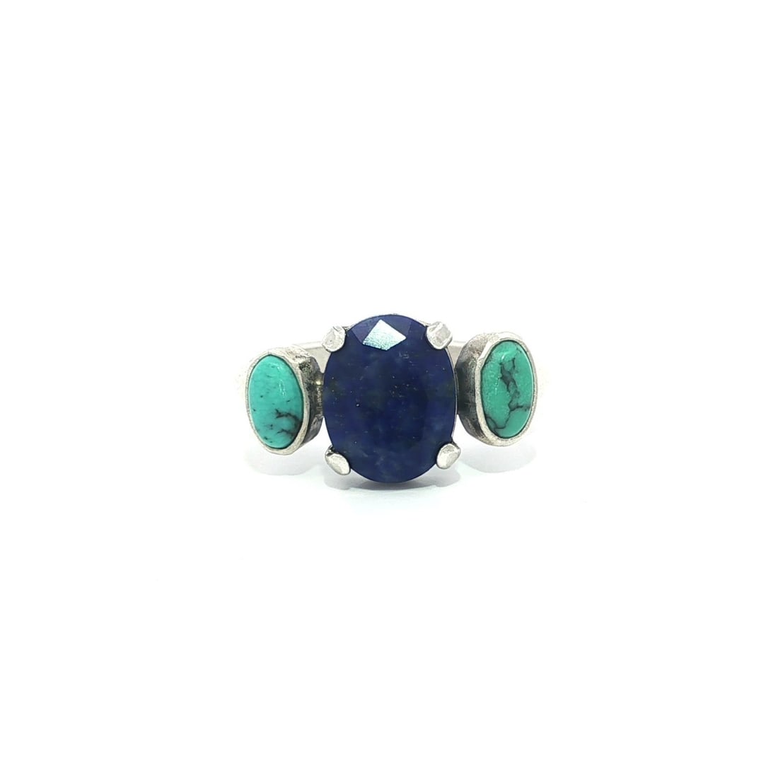 Vintage Sterling Silver Lapis Lazuli Turquoise Band Ring Size 6.5: Vintage Sterling Silver Lapis Lazuli Turquoise Band Ring Size 6.5 This vintage band ring features a stunning combination of natural stones, including a genuine deep blue Lapis Lazuli and a vibrant sky