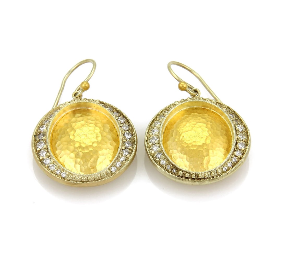Diamond Drop Earrings in 24k and 14k Yellow Gold by Gurhan Cosmo Collection: Diamond Drop Earrings in 24k and 14k Yellow Gold by Gurhan Cosmo Collection These Gurhan Cosmo earrings are crafted from 24k and 14k yellow gold, featuring a bold oval dangle design with a hand-hammer