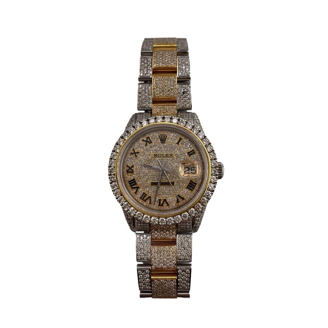 Datejust Ref 1603 Watch with Diamond Roman Dial and Aftermarket Oyster Bracelet: Datejust Ref 1603 Watch with Diamond Roman Dial and Aftermarket Oyster Bracelet This men's Rolex Datejust watch features a diamond Roman numeral dial and a diamond bezel. It is equipped with an afterm