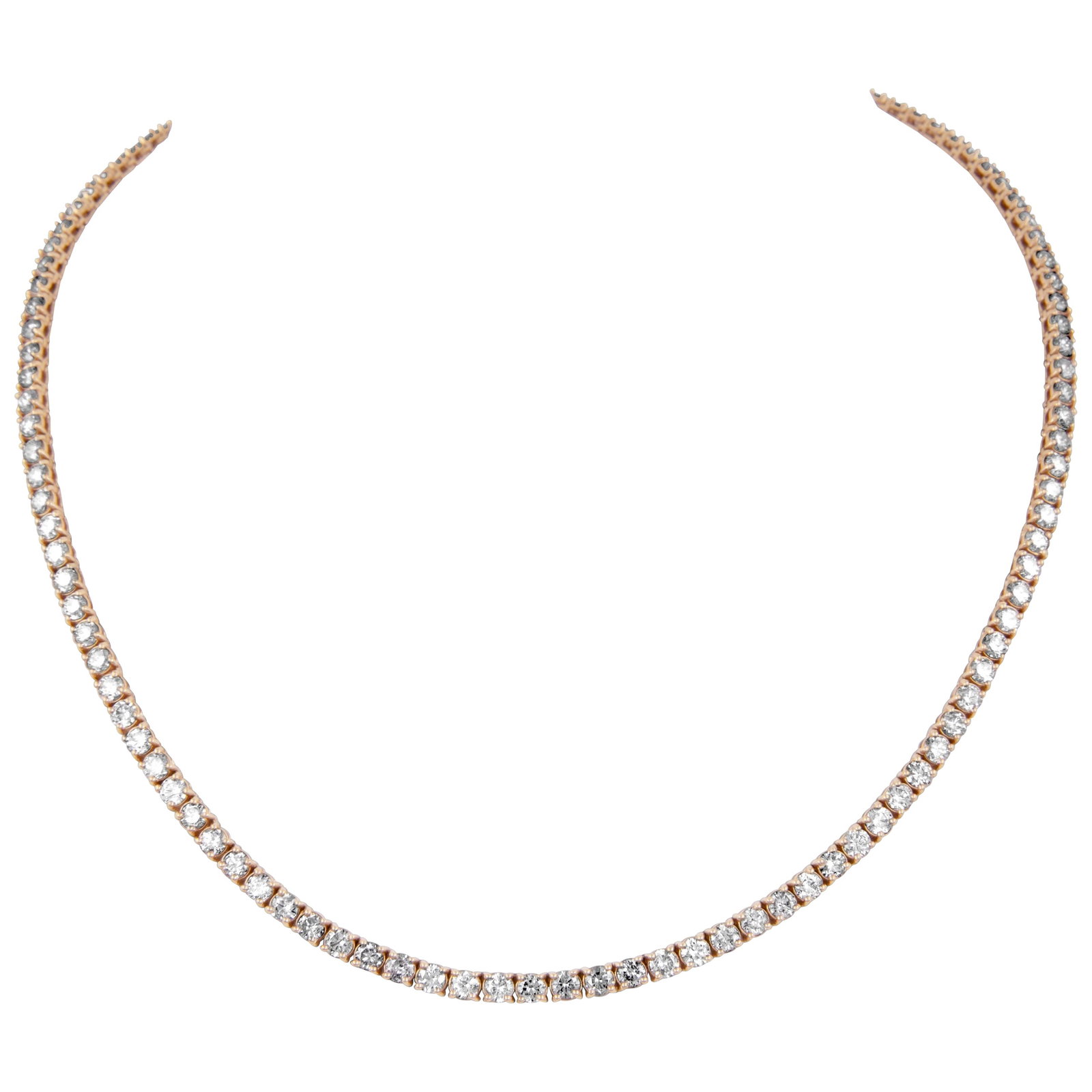 11.75ct Diamond Tennis Necklace in 14k Rose Gold: 11.75ct Diamond Tennis Necklace in 14k Rose Gold This stunning diamond tennis necklace features a total weight of 11.75 carats, showcasing 118 round brilliant diamonds with approximately G/I color and