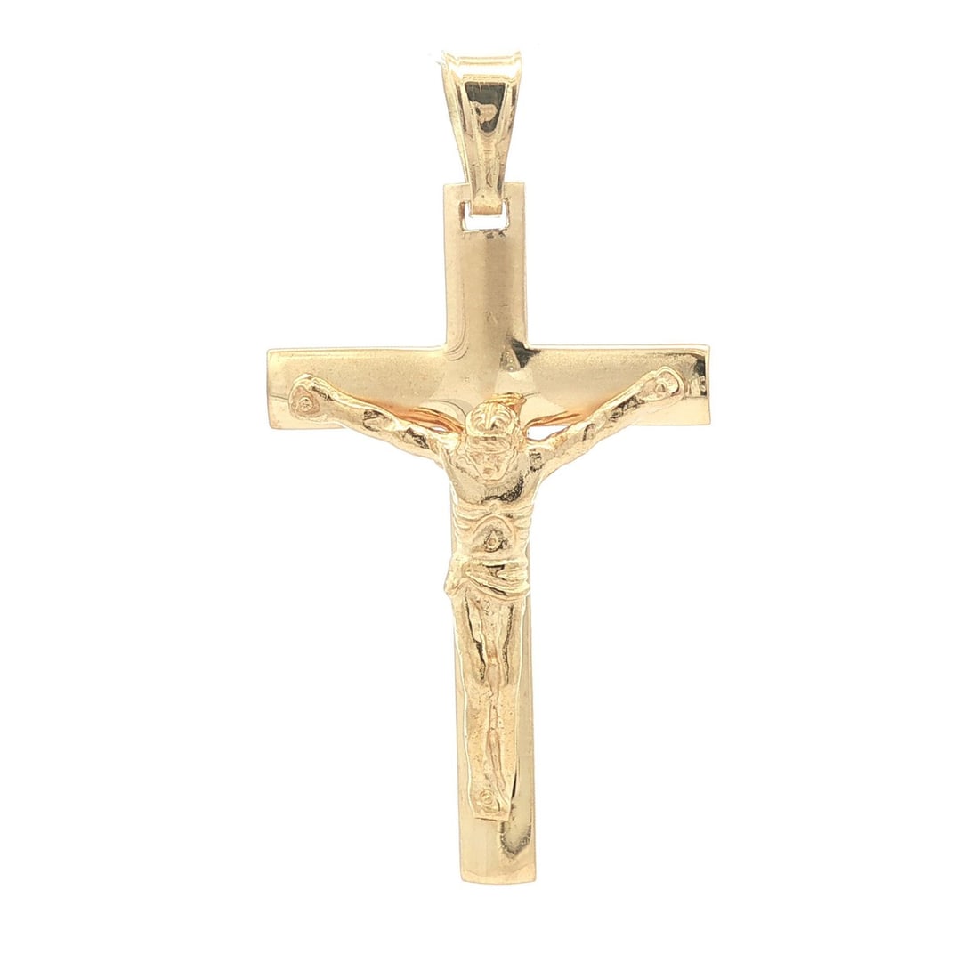 Men's Classic 18k Yellow Gold Crucifix Cross Pendant 21.9mm: Men's Classic 18k Yellow Gold Crucifix Cross Pendant 21.9mm This classic pendant features a detailed crucifix cross design, crafted from solid 18k yellow gold. The pendant is lightweight at 3.37 grams