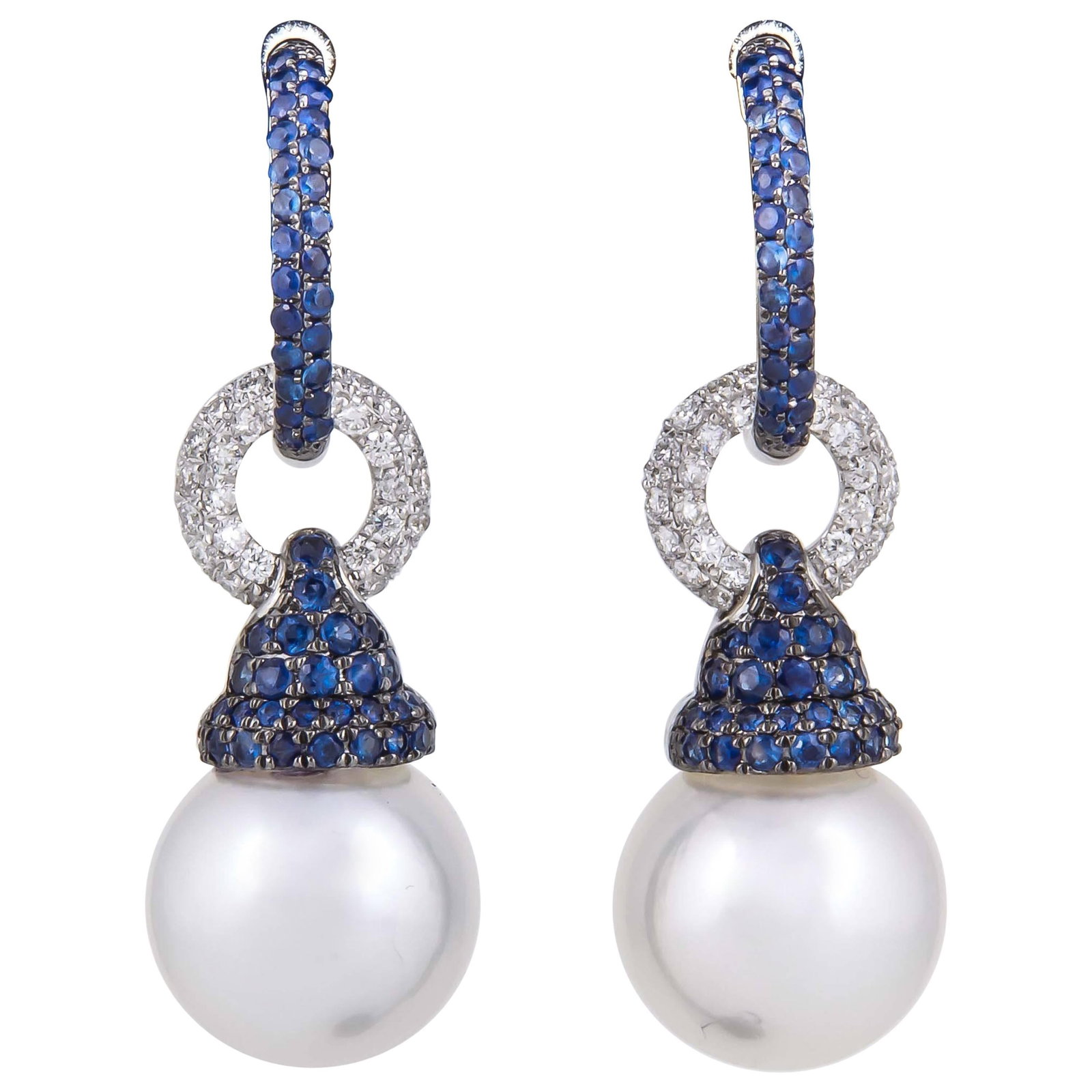 Harbor Diamonds 18K Gold Sapphire Diamond Pearl Bell Hoop Earrings: Harbor Diamonds 18K Gold Sapphire Diamond Pearl Bell Hoop Earrings Elevate your elegance with these stunning Sapphire and Diamond Bell Hoop South Sea Pearl Earrings. Expertly crafted from 18K white go