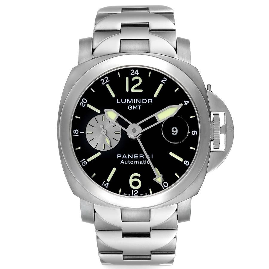 Panerai Luminor GMT PAM00161 Stainless Steel Titanium Men's Watch Black Dial: Panerai Luminor GMT PAM00161 Stainless Steel Titanium Men's Watch Black Dial This Panerai Luminor GMT features a black dial and a smooth bezel, showcasing a distinctive combination of stainless steel 