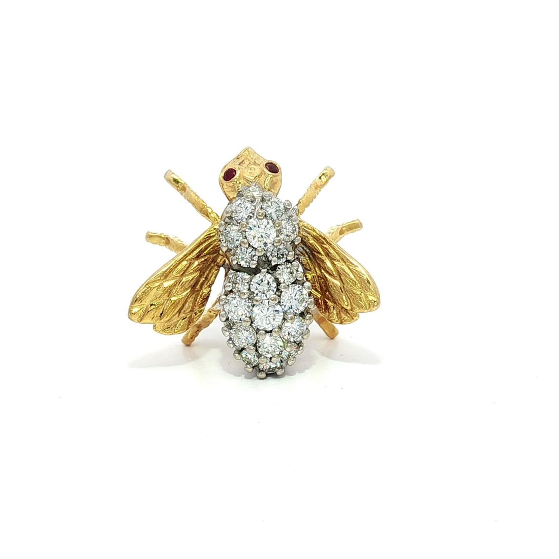 Herbert Rosenthal 18k Gold Bee Fly Brooch with Diamonds and Ruby Eyes: Herbert Rosenthal 18k Gold Bee Fly Brooch with Diamonds and Ruby Eyes This exquisite brooch features a striking bee fly design crafted by Herbert Rosenthal, made from 18k yellow gold with a white gold