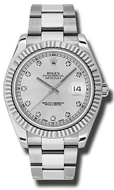 Rolex Datejust II 116334 Silver Diamond Dial Oyster Bracelet 2012 Card: Rolex Datejust II 116334 Silver Diamond Dial Oyster Bracelet 2012 Card This Rolex Datejust II features a silver diamond dial, fluted bezel, and an Oyster bracelet. The watch is designed for men and co