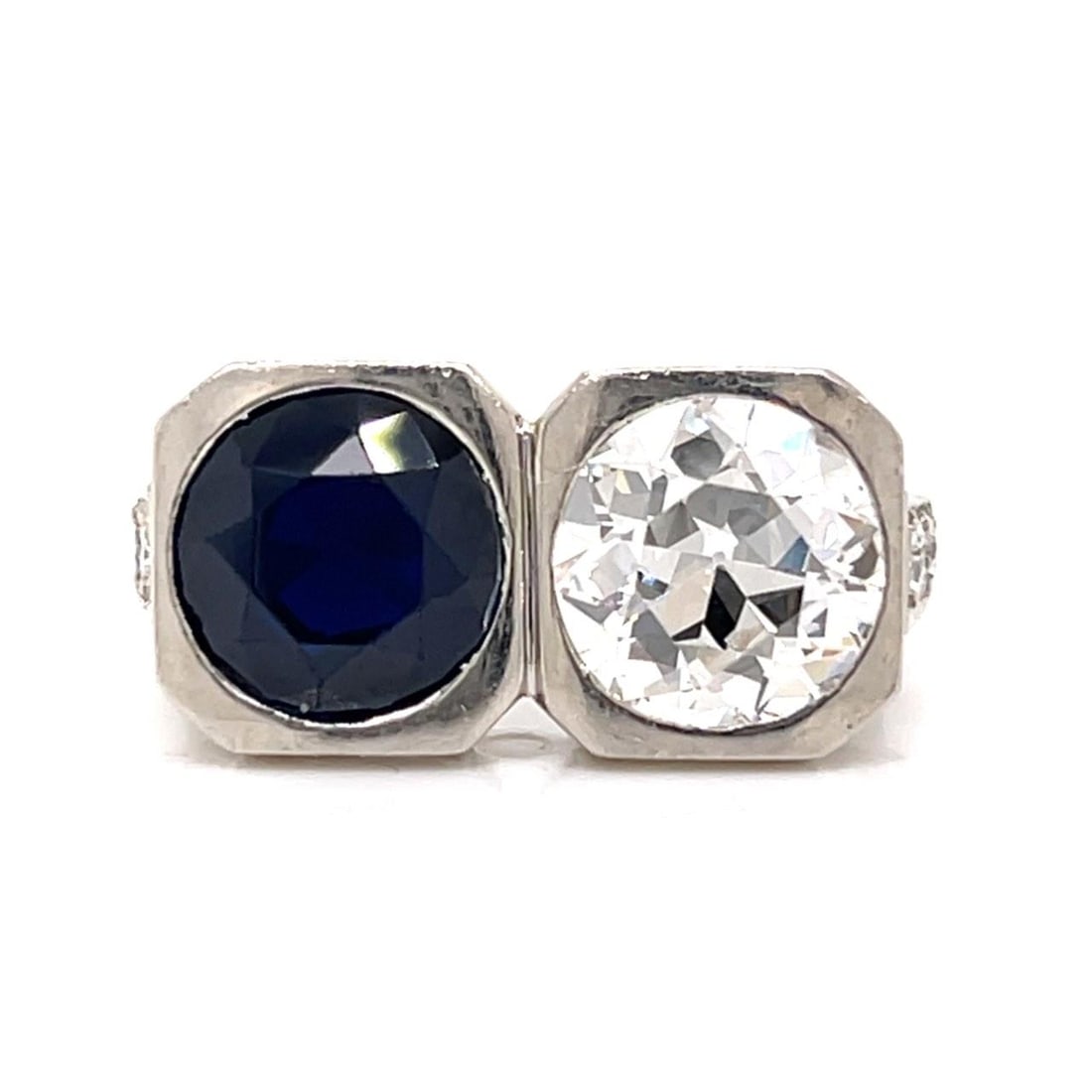 Platinum Ring with 2.40 Ct Diamond and 3.00 Ct Sapphire Art Deco: Platinum Ring with 2.40 Ct Diamond and 3.00 Ct Sapphire Art Deco This Art Deco ring is crafted in platinum and features an approximately 2.40 carat European-cut diamond with H-I color and SI1 clarity.