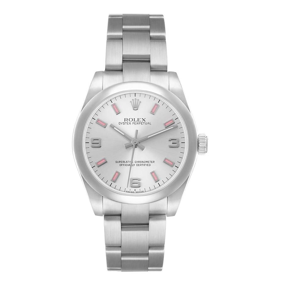 Ladies Rolex 177200 Oyster Perpetual Watch Silver Dial Pink Markers Card 2015: Ladies Rolex 177200 Oyster Perpetual Watch Silver Dial Pink Markers Card 2015 This Rolex Oyster Perpetual watch features a silver dial with pink markers and a smooth bezel, paired with an Oyster brace