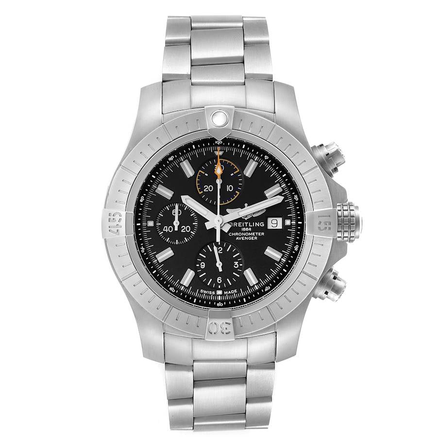 Avenger Chronograph A13317 Black Dial Men's Watch with Card 2024: Avenger Chronograph A13317 Black Dial Men's Watch with Card 2024 This is a men's Breitling Avenger Chronograph wristwatch, featuring a black dial and a brushed bracelet. The watch is identified by ref