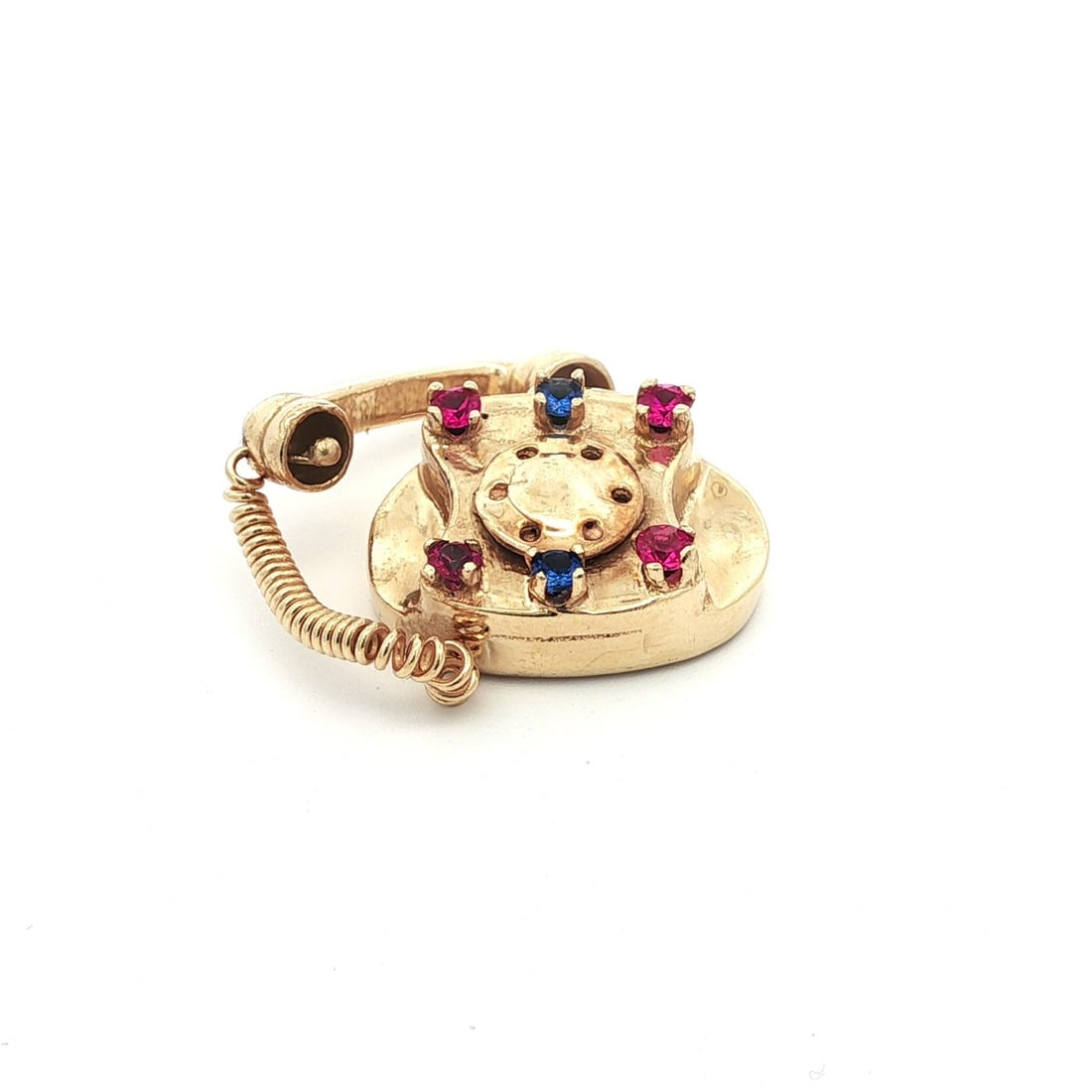 1960s Vintage Gold Telephone Charm Pendant with Blue Pink Stones: 1960s Vintage Gold Telephone Charm Pendant with Blue Pink Stones This charming vintage pendant features a delightful telephone design adorned with six round brilliant cut blue and pink stones, each ap