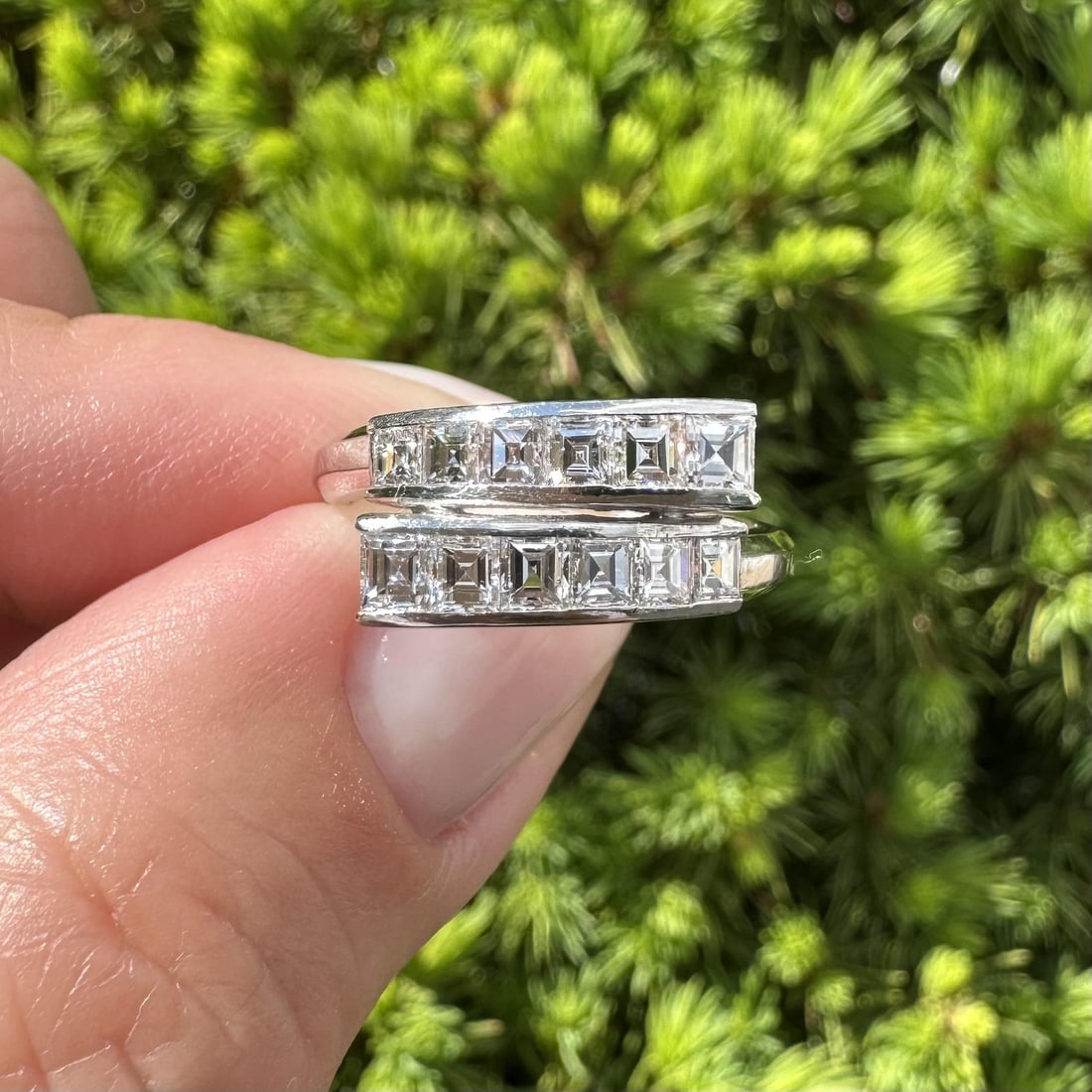 Platinum Diamond Bypass Band with 1.02ctw Carre Cut Stones Size 5.5: Platinum Diamond Bypass Band with 1.02ctw Carre Cut Stones Size 5.5 This vintage platinum bypass band ring features a total of 1.02 carats of natural white diamonds, expertly channel set in a striking