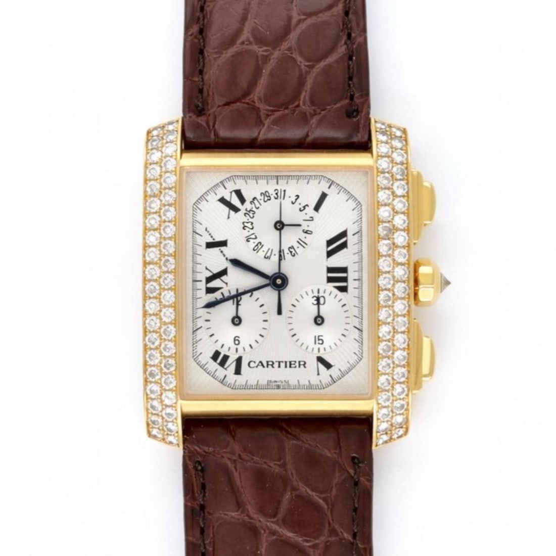 Tank Francaise Chronograph Watch 18K Gold With Factory Diamond Case: Tank Francaise Chronograph Watch 18K Gold With Factory Diamond Case This Cartier Tank Francaise Chronograph features an 18K yellow gold case adorned with original factory-set diamonds. The watch weigh