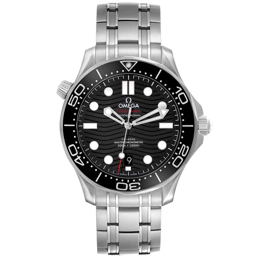 Omega Seamaster Diver 300M Black Wave Dial Watch Ref 210.30.42.20.01.001 with Card: Omega Seamaster Diver 300M Black Wave Dial Watch Ref 210.30.42.20.01.001 with Card The Omega Seamaster Diver 300M Co-Axial Master Chronometer features a striking black dial with laser-engraved wave pa