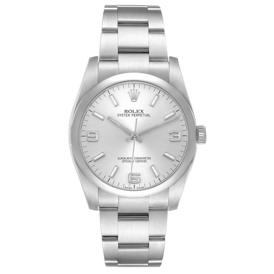 Rolex Oyster Perpetual 116000 Silver Dial Watch with Card 2014: Rolex Oyster Perpetual 116000 Silver Dial Watch with Card 2014 This Rolex Oyster Perpetual watch features a silver dial and a smooth bezel, complemented by an Oyster bracelet. The timepiece is identif