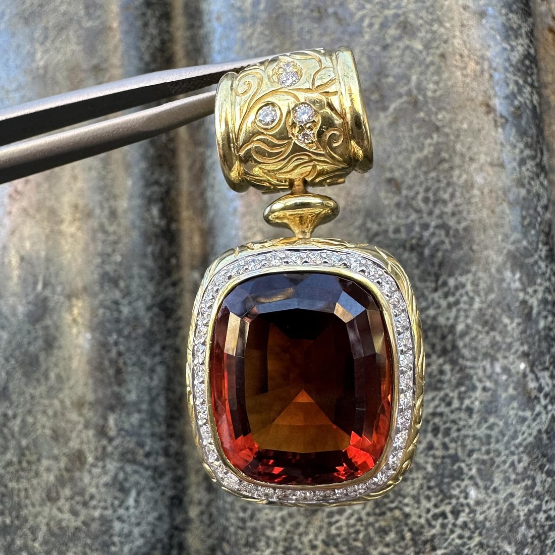 Pendant with Madeira Citrine Cushion and Diamonds in 18k Yellow Gold by SeidenGang: Pendant with Madeira Citrine Cushion and Diamonds in 18k Yellow Gold by SeidenGang This SeidenGang enhancer slide pendant features a cushion-cut natural Madeira citrine of approximately 17.70 carats i