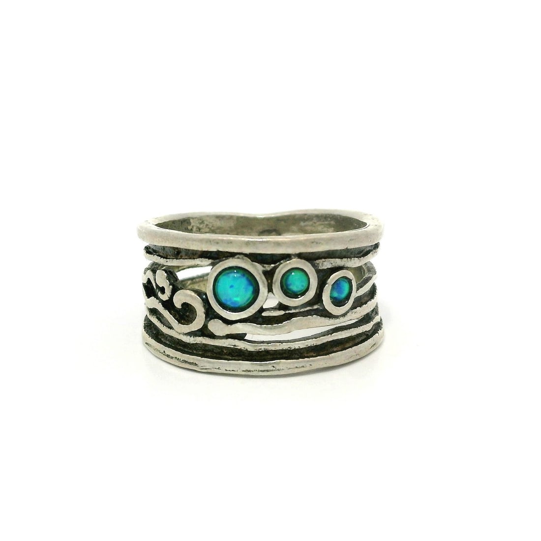 Handmade Sterling Silver Opal Stack Band Ring Wind Motif (1 of 4)