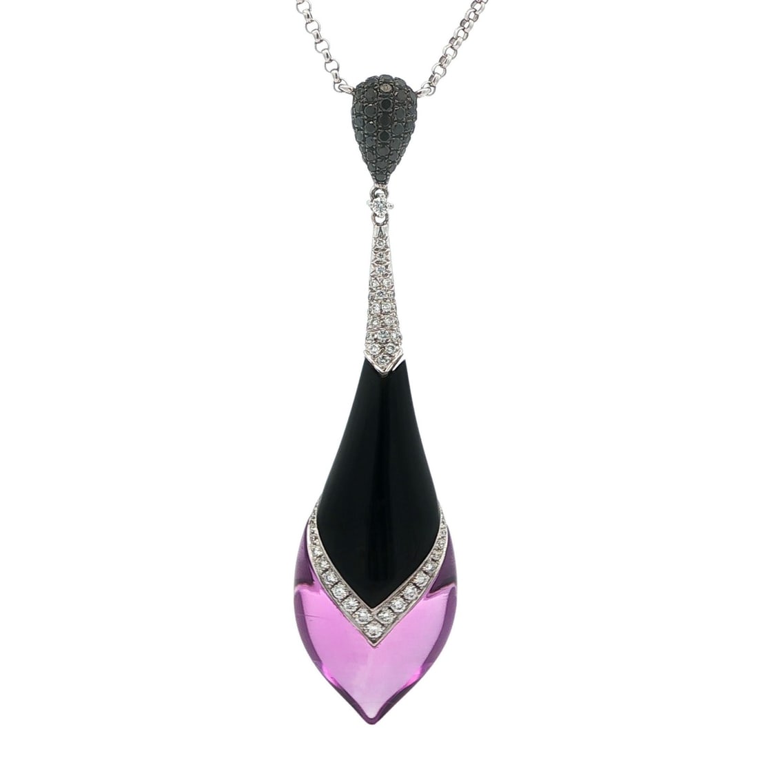 18k White Gold Pendant Necklace With Amethyst Onyx and Diamond Teardrop Design: 18k White Gold Pendant Necklace With Amethyst Onyx and Diamond Teardrop Design This unique pendant necklace features a custom-cut natural amethyst in a vibrant purple hue, paired with a natural black 